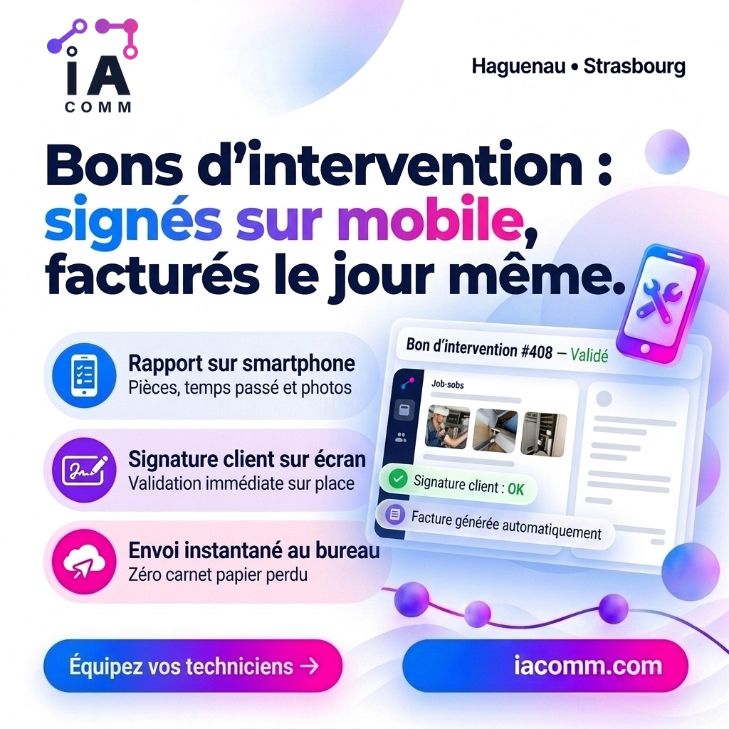 Visuel IACOMM : Application mobile de bons d'intervention avec photos avant/après, signature client et envoi instantané