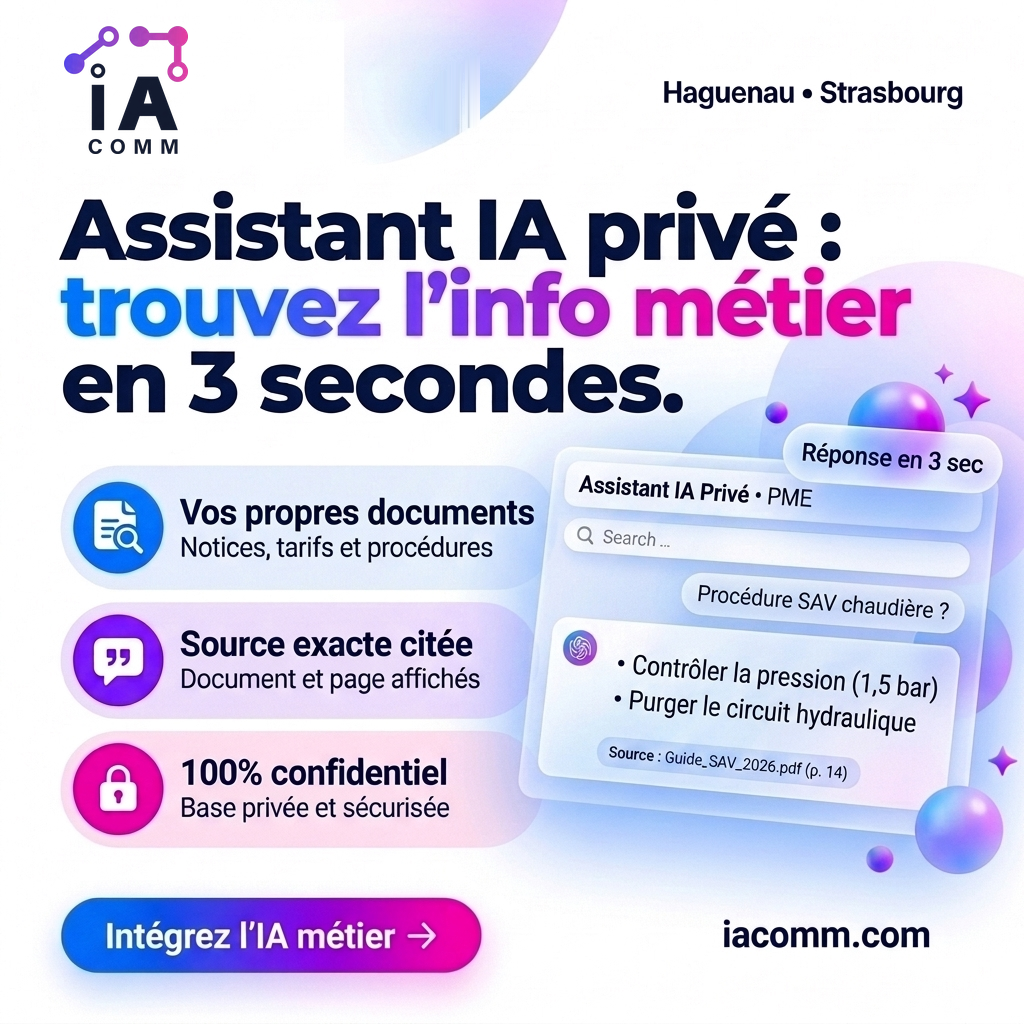 Visuel IACOMM : Assistant IA privé (RAG) permettant d'interroger les documents internes d'une PME en 3 secondes avec source citée