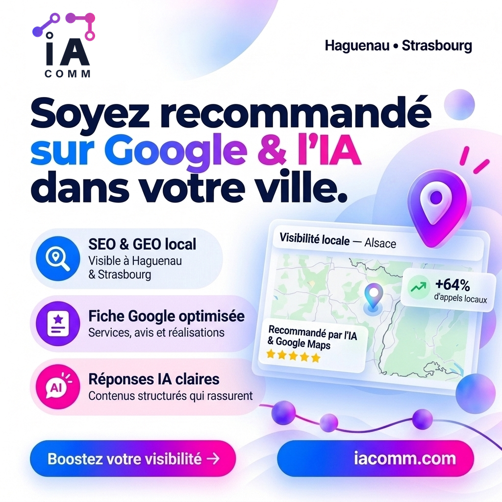 Visuel IACOMM : Référencement local SEO et GEO IA pour entreprises à Haguenau, Strasbourg et en Alsace