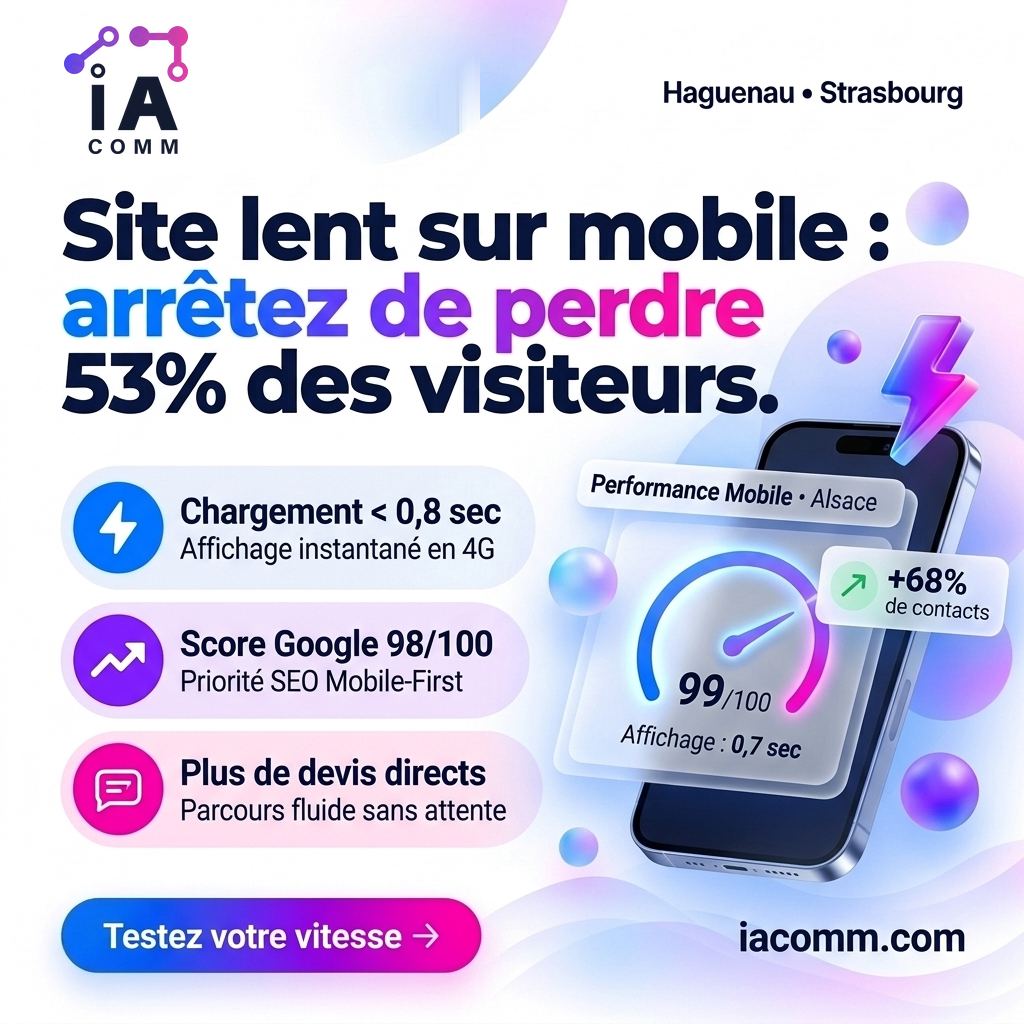 Visuel IACOMM : Impact de la vitesse mobile (< 0,8s) sur le référencement Google SEO et la conversion des devis en PME